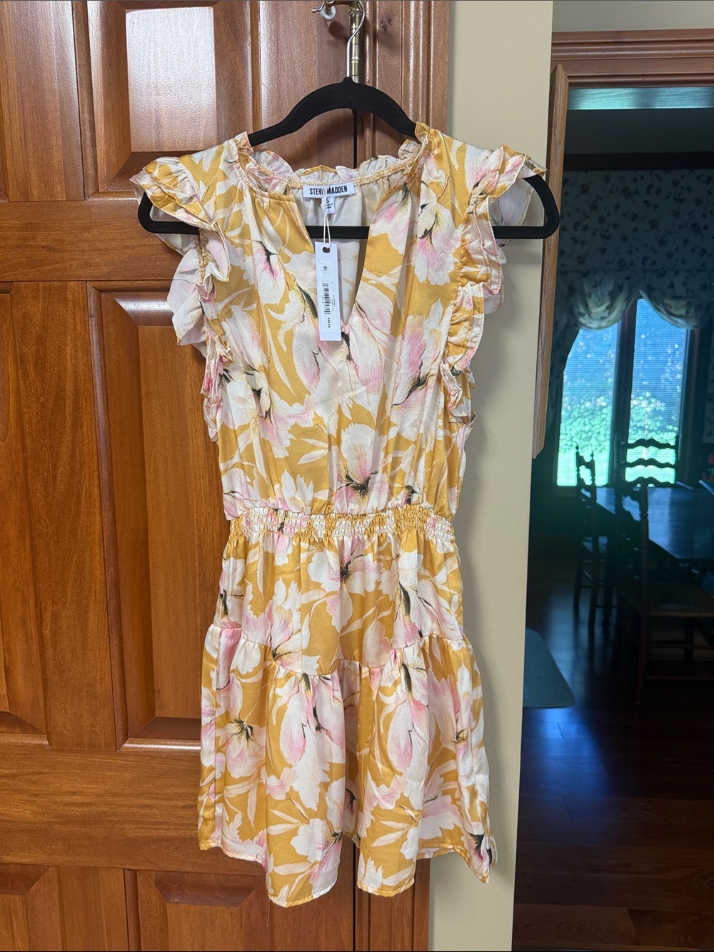 Steve Madden Mustard Yellow Floral Smocked Waist Mini Dress